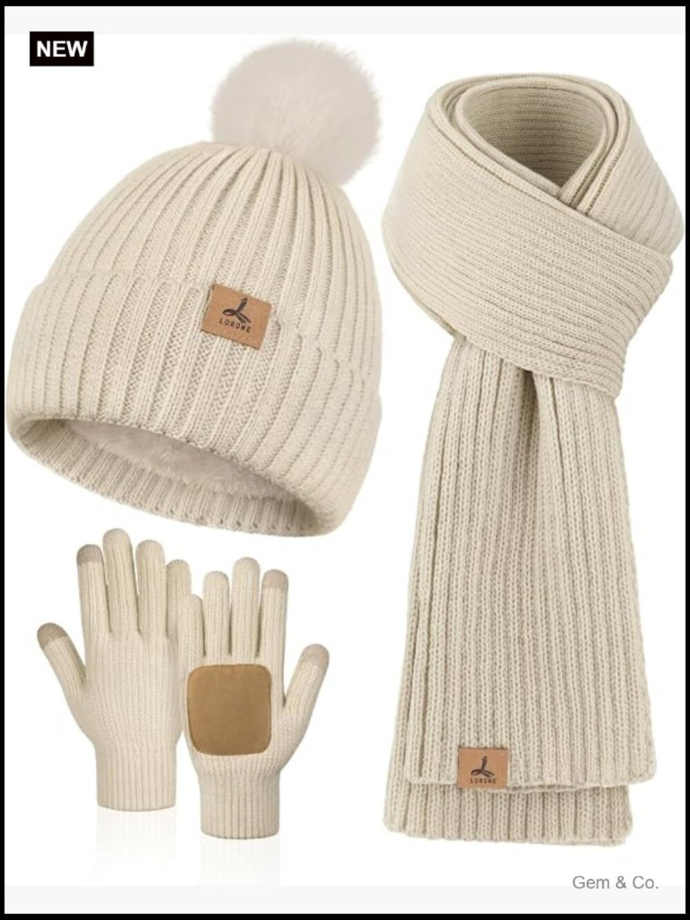 Winter Hat Scarf Gloves Set, Knitted Pompom Beanie, Touchscreen Gloves, Warm
